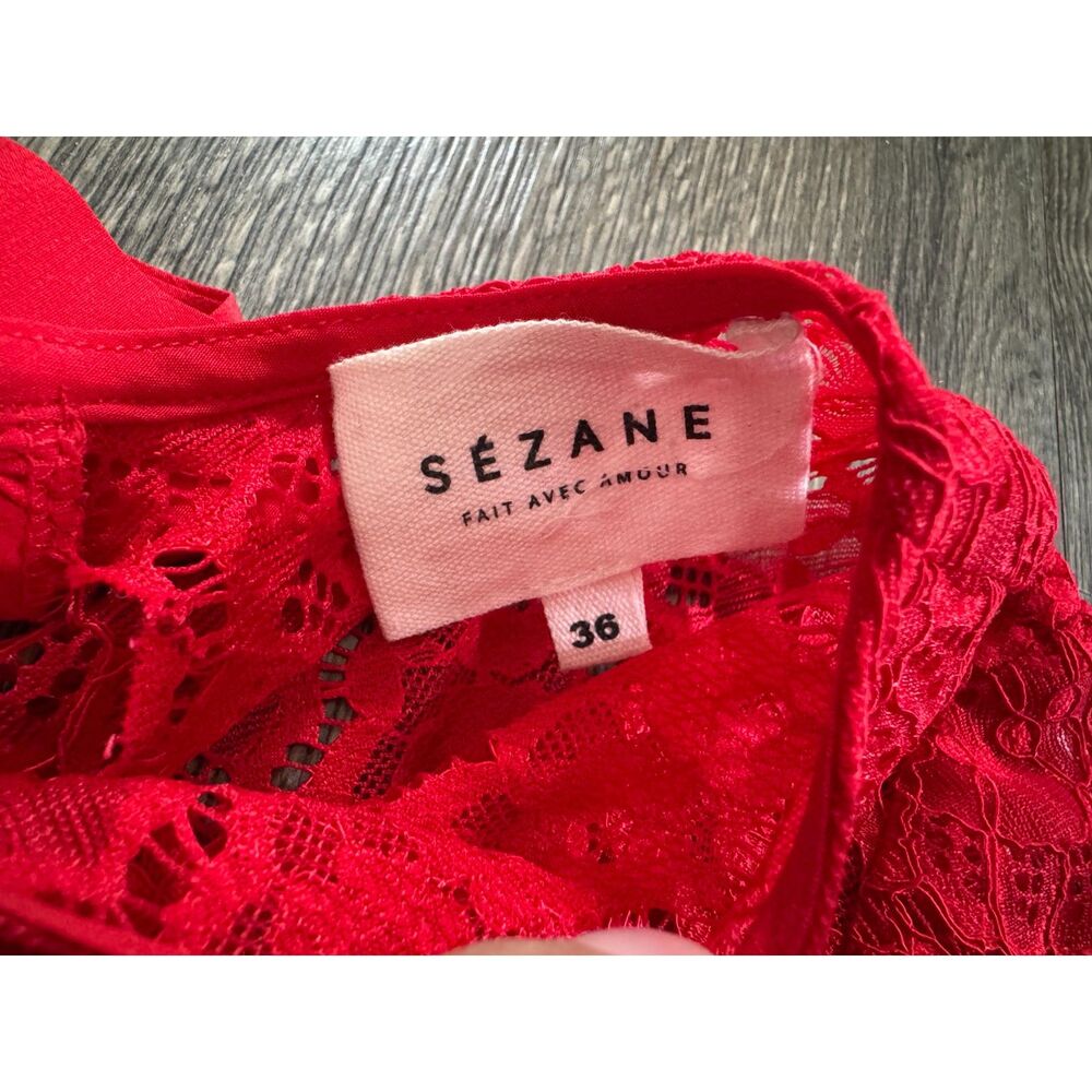 Sezane Adeline Silk Lace Bright Holiday Red Open Back Blouse 36 / 4 / S - Picture 6 of 7